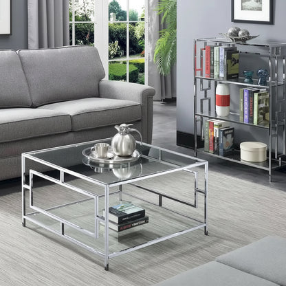 Modern Square Chrome Coffee Table with Lower Display Shelf