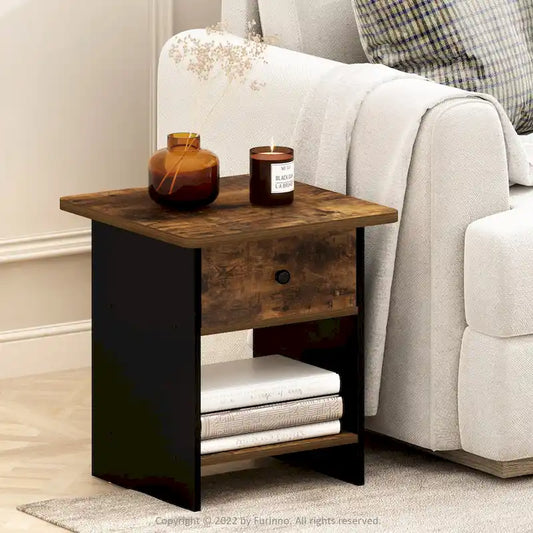 End Table Night Stand with Storage Shelf & Bin Drawer