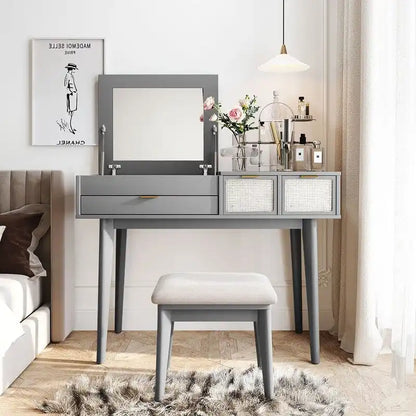 Scrivania per trucco in legno con specchio ribaltabile e sgabello da toeletta