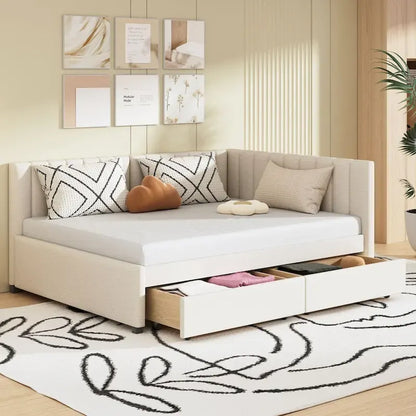 Divano Letto Imbottito Matrimoniale con 2 Cassetti Contenitore, Struttura Letto Divano Senza Necessità di Rete a Molle, Tessuto in Lino (Beige)