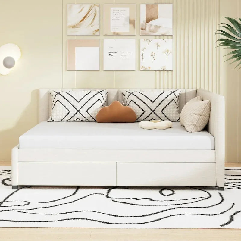 Divano Letto Imbottito Matrimoniale con 2 Cassetti Contenitore, Struttura Letto Divano Senza Necessità di Rete a Molle, Tessuto in Lino (Beige)
