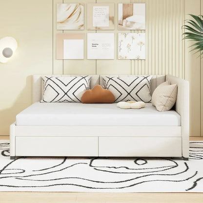 Divano Letto Imbottito Matrimoniale con 2 Cassetti Contenitore, Struttura Letto Divano Senza Necessità di Rete a Molle, Tessuto in Lino (Beige)