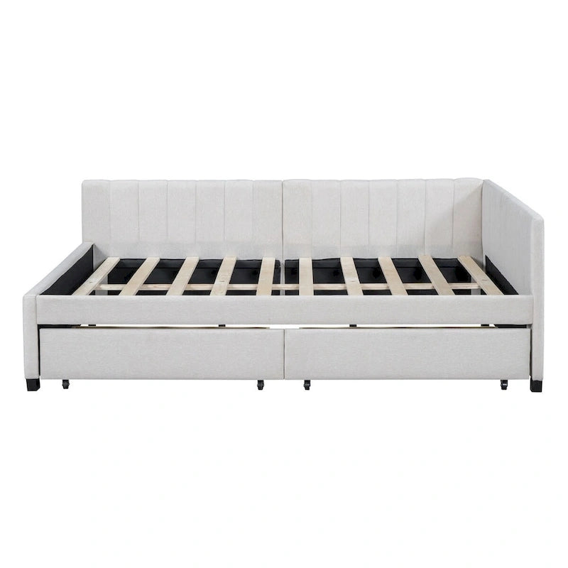 Divano Letto Imbottito Matrimoniale con 2 Cassetti Contenitore, Struttura Letto Divano Senza Necessità di Rete a Molle, Tessuto in Lino (Beige)