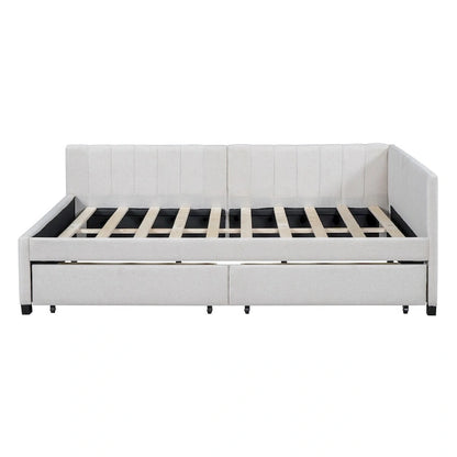Divano Letto Imbottito Matrimoniale con 2 Cassetti Contenitore, Struttura Letto Divano Senza Necessità di Rete a Molle, Tessuto in Lino (Beige)