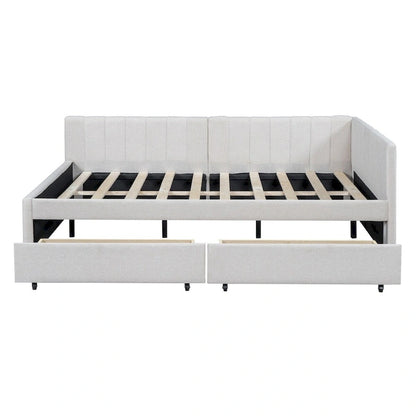 Divano Letto Imbottito Matrimoniale con 2 Cassetti Contenitore, Struttura Letto Divano Senza Necessità di Rete a Molle, Tessuto in Lino (Beige)