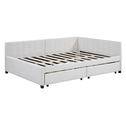 Divano Letto Imbottito Matrimoniale con 2 Cassetti Contenitore, Struttura Letto Divano Senza Necessità di Rete a Molle, Tessuto in Lino (Beige)