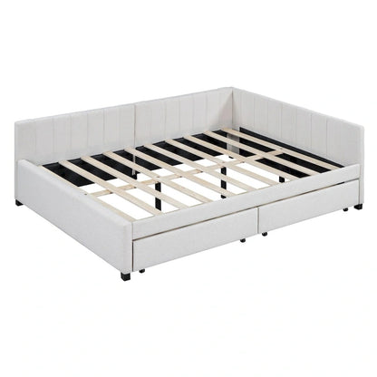 Divano Letto Imbottito Matrimoniale con 2 Cassetti Contenitore, Struttura Letto Divano Senza Necessità di Rete a Molle, Tessuto in Lino (Beige)