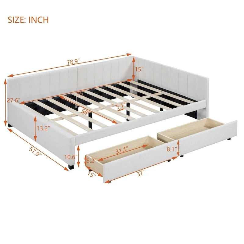 Divano Letto Imbottito Matrimoniale con 2 Cassetti Contenitore, Struttura Letto Divano Senza Necessità di Rete a Molle, Tessuto in Lino (Beige)