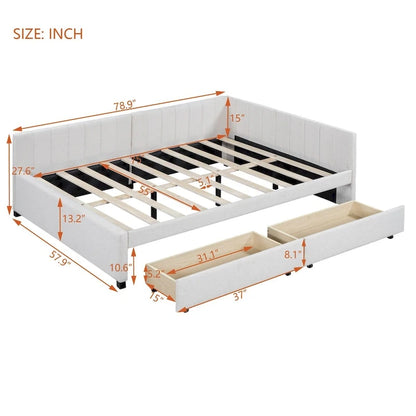 Divano Letto Imbottito Matrimoniale con 2 Cassetti Contenitore, Struttura Letto Divano Senza Necessità di Rete a Molle, Tessuto in Lino (Beige)