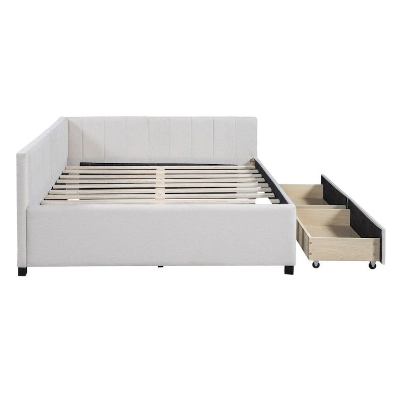Divano Letto Imbottito Matrimoniale con 2 Cassetti Contenitore, Struttura Letto Divano Senza Necessità di Rete a Molle, Tessuto in Lino (Beige)