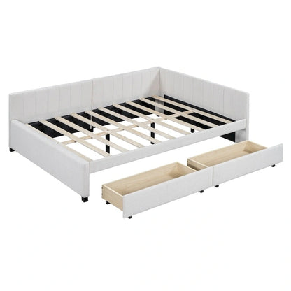 Divano Letto Imbottito Matrimoniale con 2 Cassetti Contenitore, Struttura Letto Divano Senza Necessità di Rete a Molle, Tessuto in Lino (Beige)