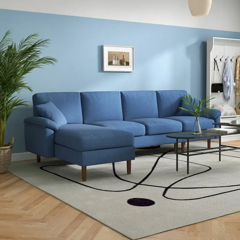 Divano sezionale a L con chaise longue reversibile, tessuto in lino e gambe in legno