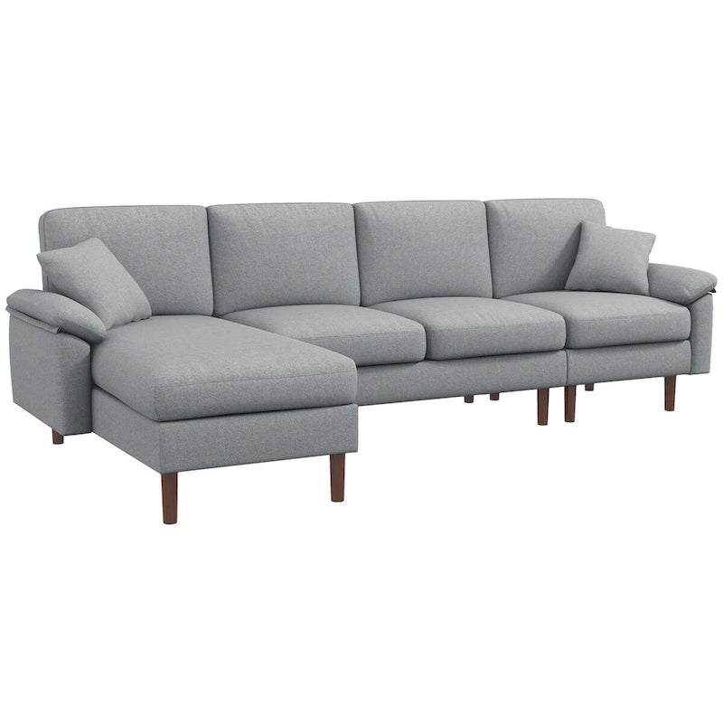 Divano sezionale a L con chaise longue reversibile, tessuto in lino e gambe in legno