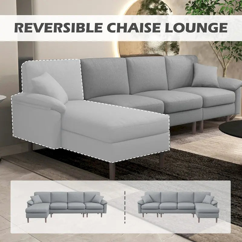 Divano sezionale a L con chaise longue reversibile, tessuto in lino e gambe in legno