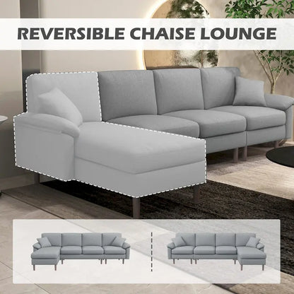 Divano sezionale a L con chaise longue reversibile, tessuto in lino e gambe in legno