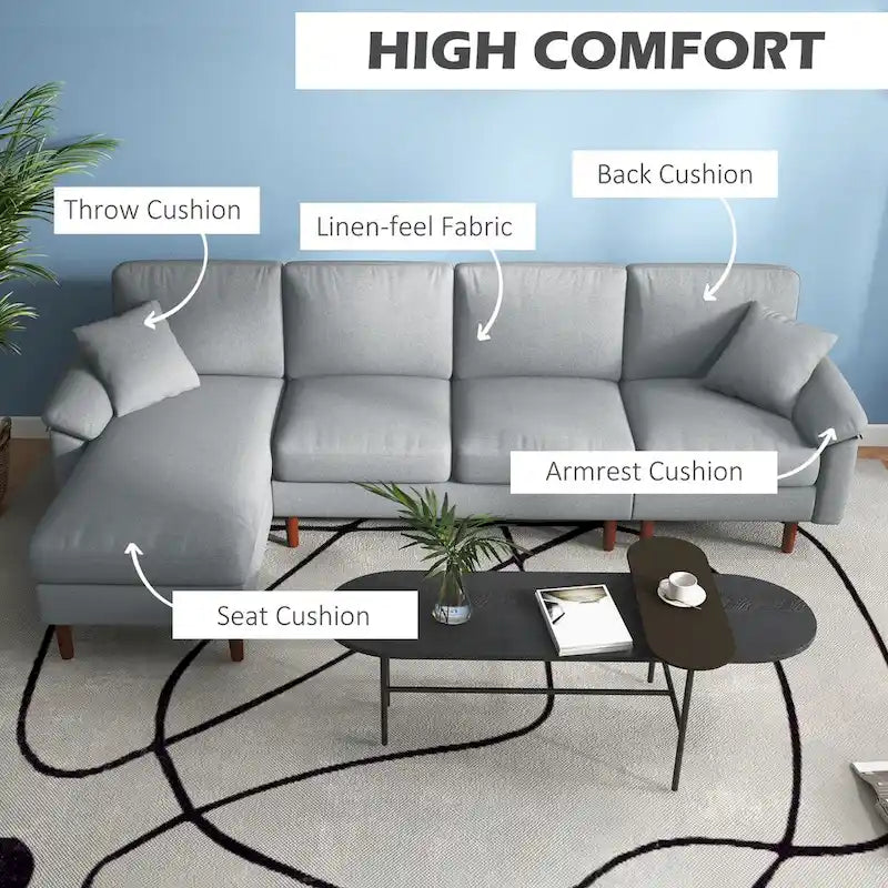 Divano sezionale a L con chaise longue reversibile, tessuto in lino e gambe in legno