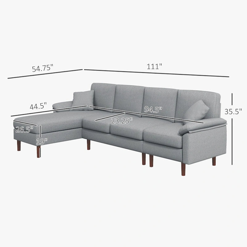 Divano sezionale a L con chaise longue reversibile, tessuto in lino e gambe in legno
