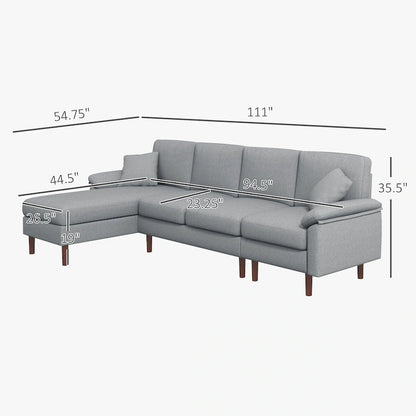 Divano sezionale a L con chaise longue reversibile, tessuto in lino e gambe in legno