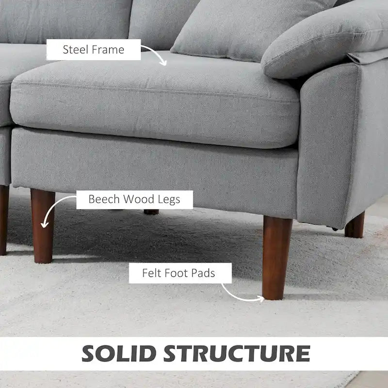 Divano sezionale a L con chaise longue reversibile, tessuto in lino e gambe in legno