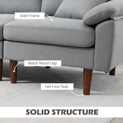 Divano sezionale a L con chaise longue reversibile, tessuto in lino e gambe in legno
