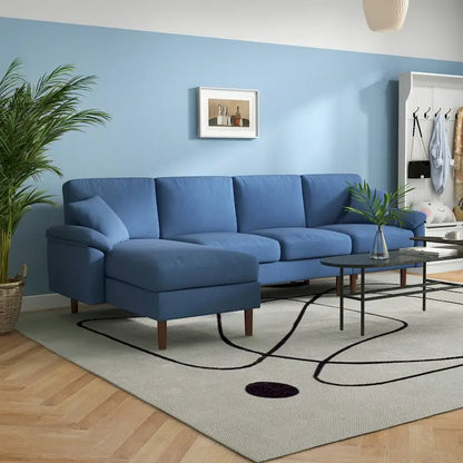 Divano sezionale a L con chaise longue reversibile, tessuto in lino e gambe in legno