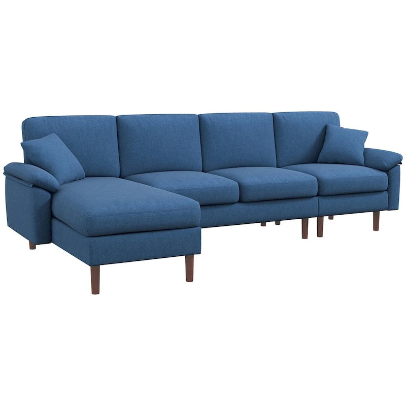 Divano sezionale a L con chaise longue reversibile, tessuto in lino e gambe in legno