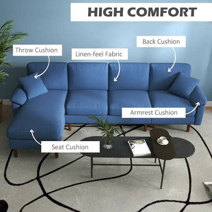 Divano sezionale a L con chaise longue reversibile, tessuto in lino e gambe in legno