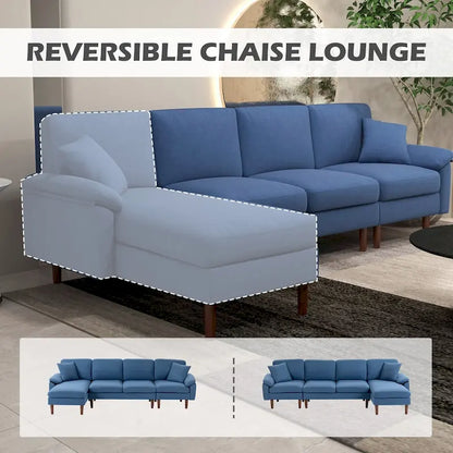 Divano sezionale a L con chaise longue reversibile, tessuto in lino e gambe in legno