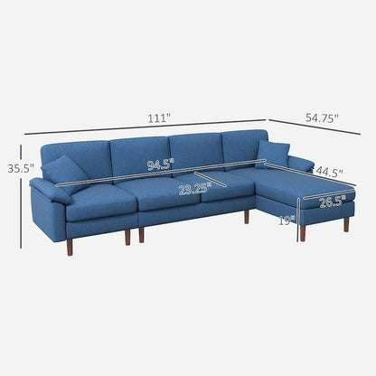 Divano sezionale a L con chaise longue reversibile, tessuto in lino e gambe in legno