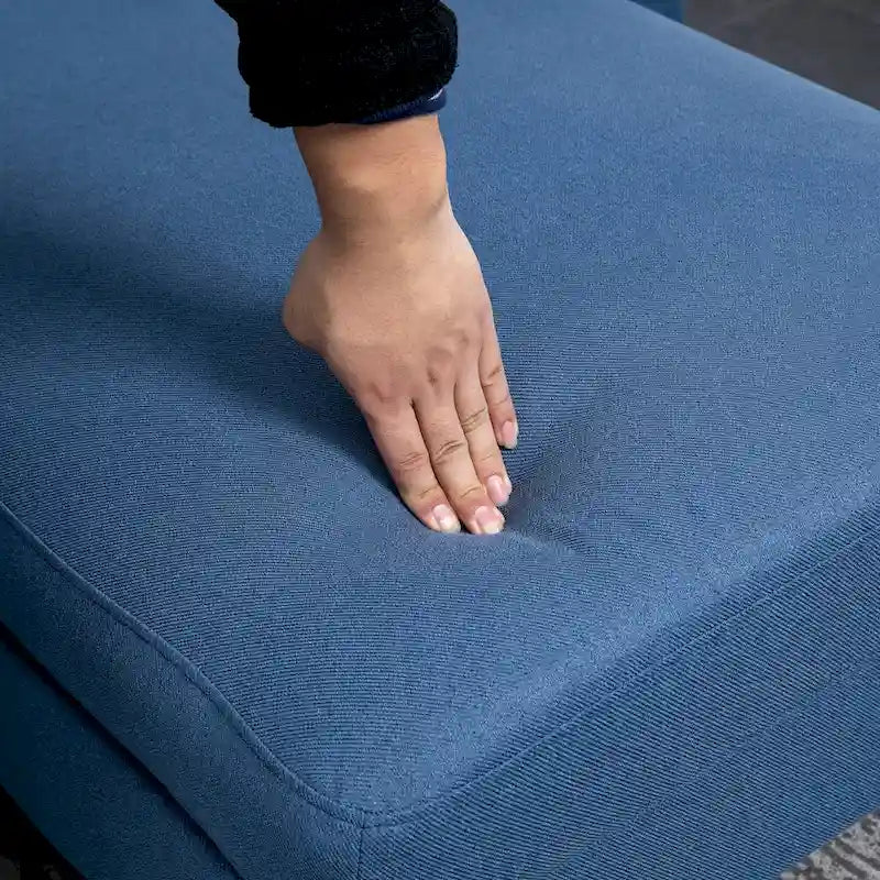 Divano sezionale a L con chaise longue reversibile, tessuto in lino e gambe in legno