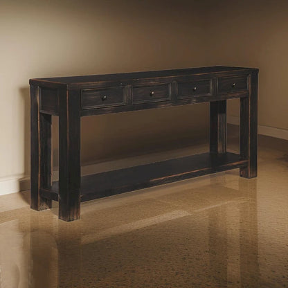 Tavolino da Divano in Legno con Quattro Cassetti e Una Mensola, Nero Invecchiato