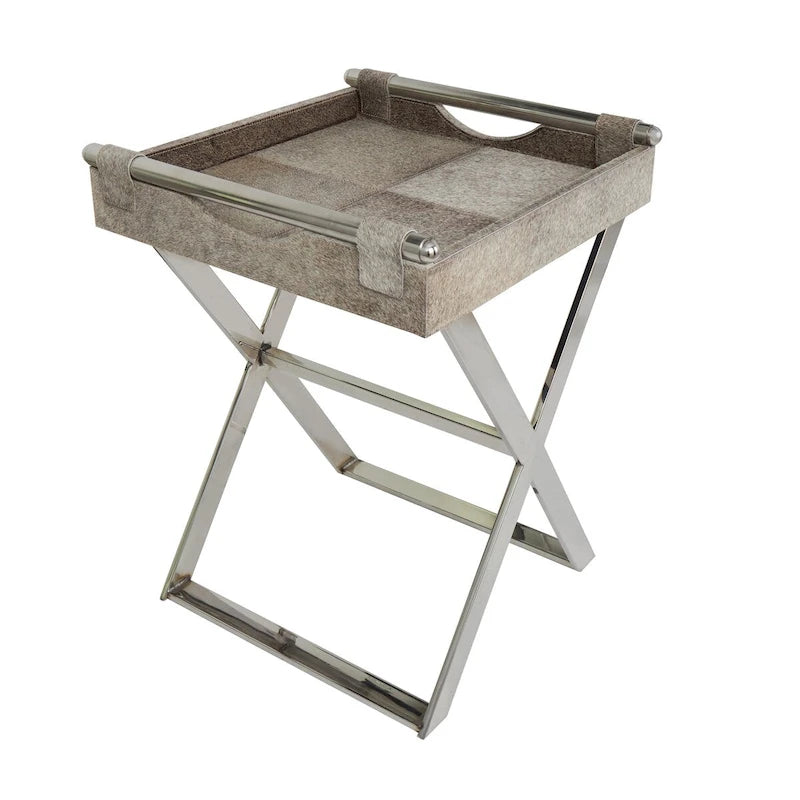 Tavolino laterale in pelle "hair-on-hide" grigia con gambe in acciaio inossidabile argentato