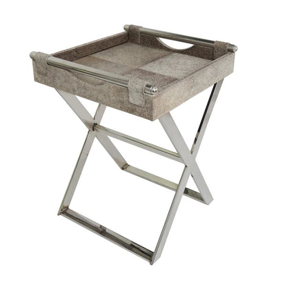 Tavolino laterale in pelle "hair-on-hide" grigia con gambe in acciaio inossidabile argentato
