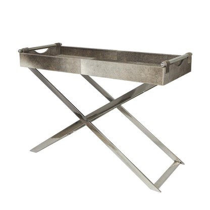 Tavolino laterale in pelle "hair-on-hide" grigia con gambe in acciaio inossidabile argentato