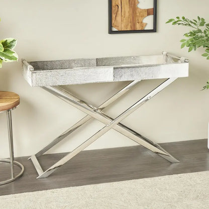 Tavolino laterale in pelle "hair-on-hide" grigia con gambe in acciaio inossidabile argentato