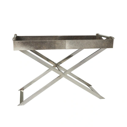 Tavolino laterale in pelle "hair-on-hide" grigia con gambe in acciaio inossidabile argentato