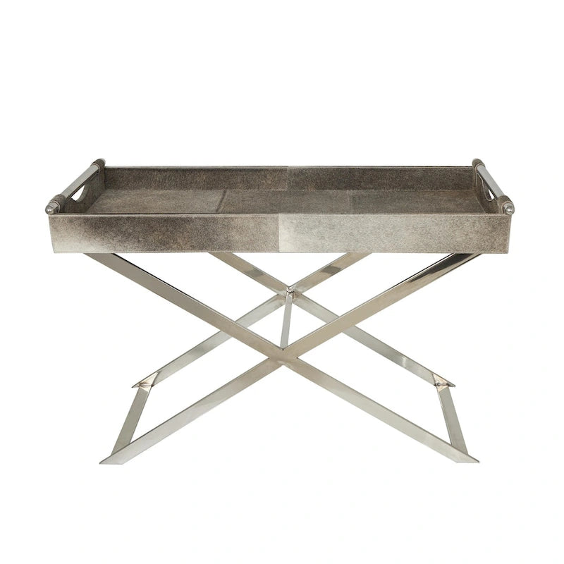 Tavolino laterale in pelle "hair-on-hide" grigia con gambe in acciaio inossidabile argentato