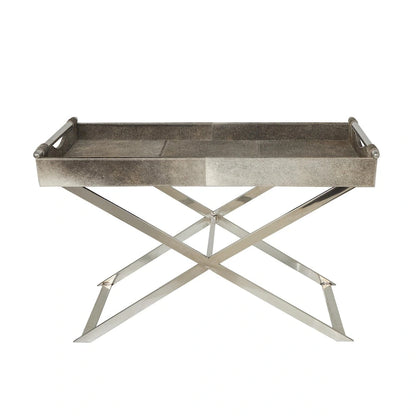 Tavolino laterale in pelle "hair-on-hide" grigia con gambe in acciaio inossidabile argentato