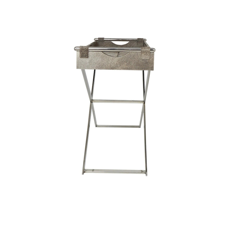 Tavolino laterale in pelle "hair-on-hide" grigia con gambe in acciaio inossidabile argentato