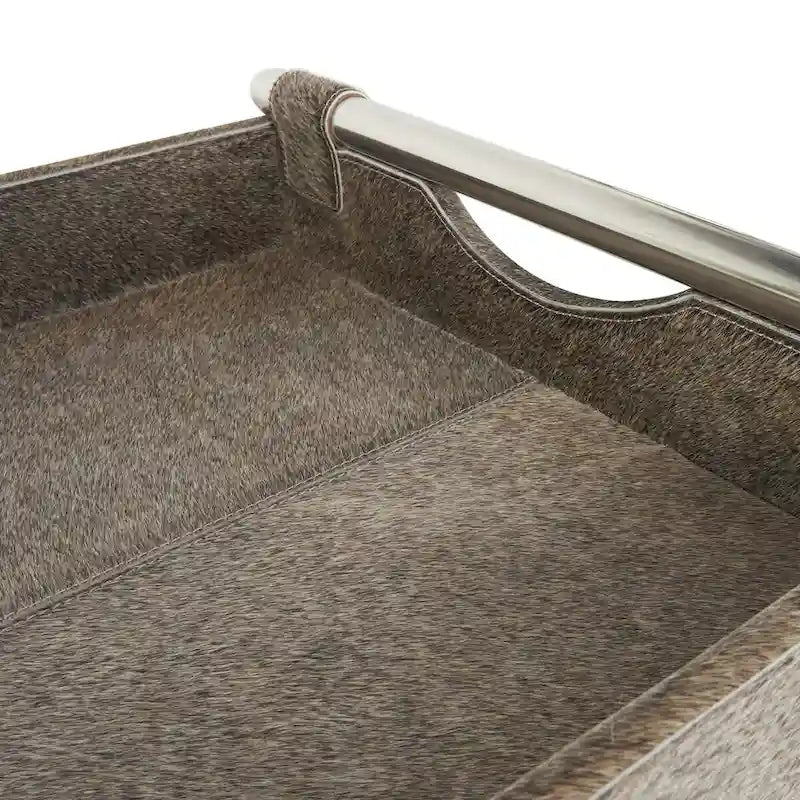 Tavolino laterale in pelle "hair-on-hide" grigia con gambe in acciaio inossidabile argentato