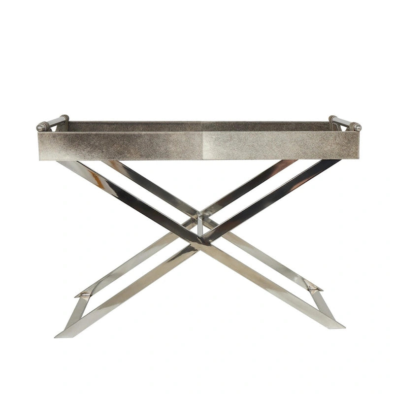 Tavolino laterale in pelle "hair-on-hide" grigia con gambe in acciaio inossidabile argentato