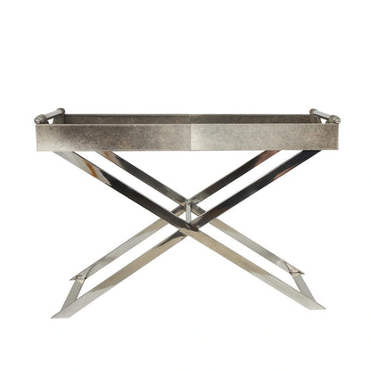 Tavolino laterale in pelle "hair-on-hide" grigia con gambe in acciaio inossidabile argentato