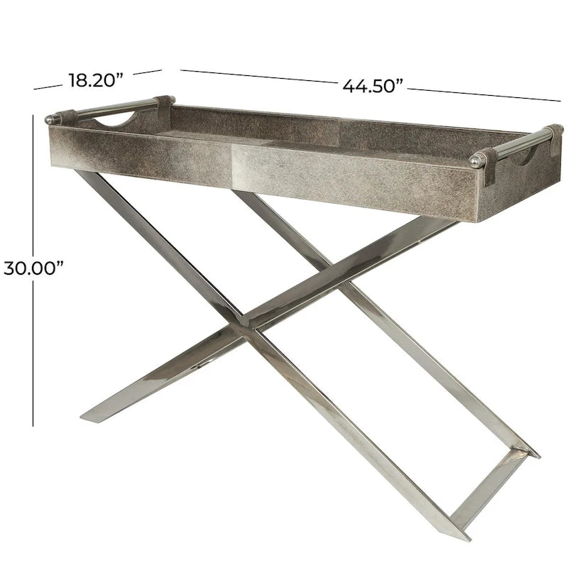 Tavolino laterale in pelle "hair-on-hide" grigia con gambe in acciaio inossidabile argentato