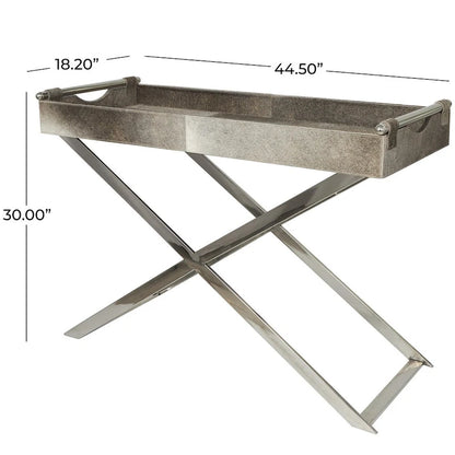 Tavolino laterale in pelle "hair-on-hide" grigia con gambe in acciaio inossidabile argentato