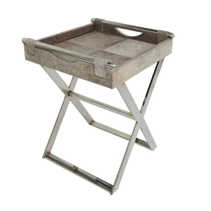Tavolino laterale in pelle "hair-on-hide" grigia con gambe in acciaio inossidabile argentato