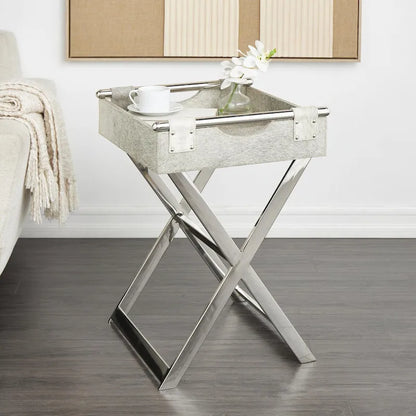 Tavolino laterale in pelle "hair-on-hide" grigia con gambe in acciaio inossidabile argentato