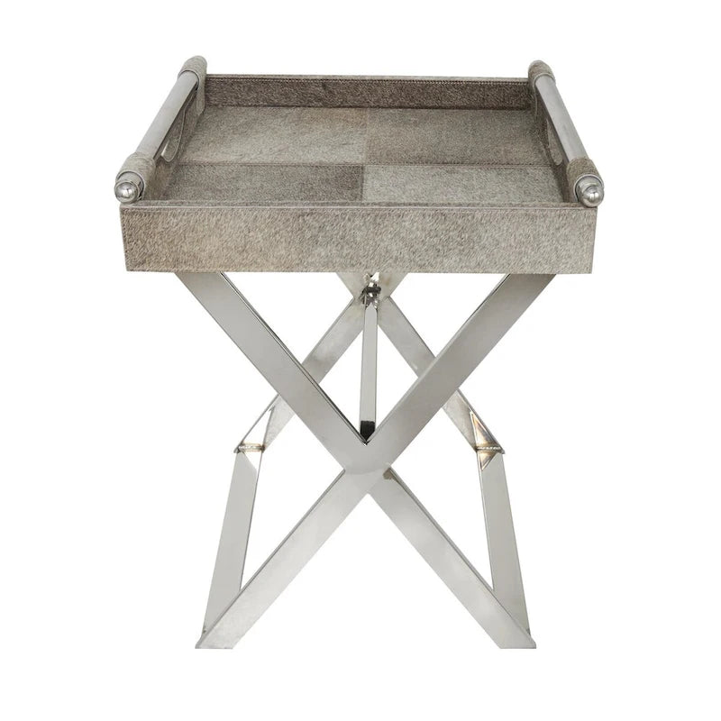 Tavolino laterale in pelle "hair-on-hide" grigia con gambe in acciaio inossidabile argentato