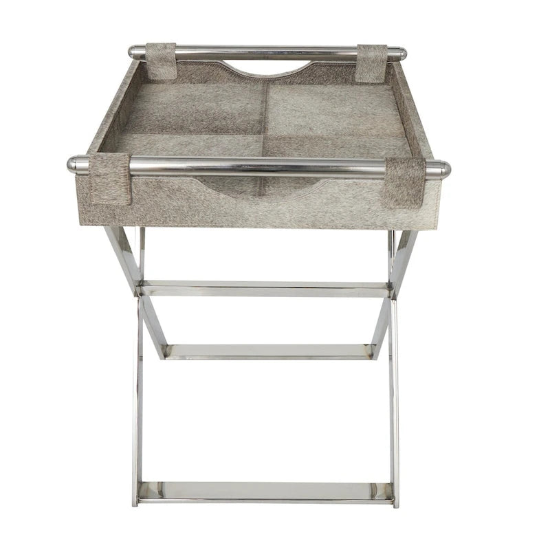 Tavolino laterale in pelle "hair-on-hide" grigia con gambe in acciaio inossidabile argentato