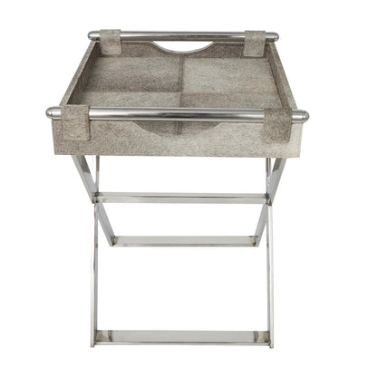 Tavolino laterale in pelle "hair-on-hide" grigia con gambe in acciaio inossidabile argentato