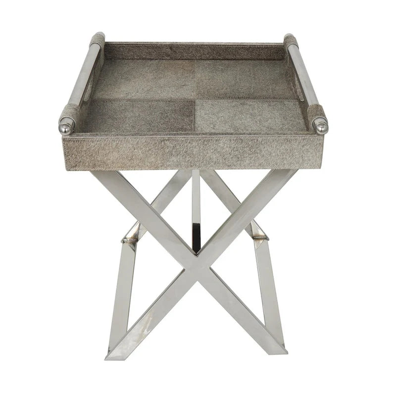 Tavolino laterale in pelle "hair-on-hide" grigia con gambe in acciaio inossidabile argentato